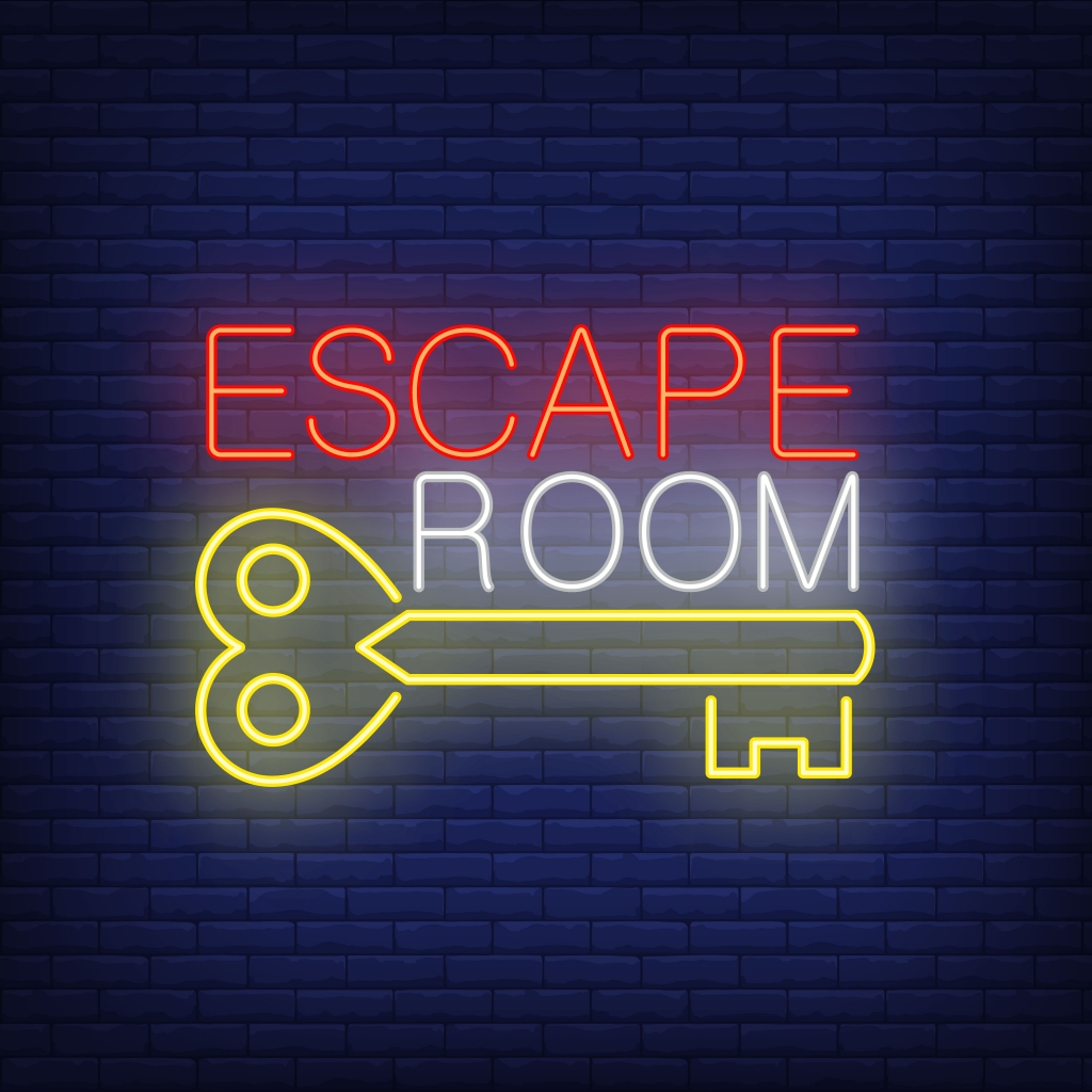 Escape room neon sign. Vintage key and text on brick wall background. Glowing banner or billboard elements. Vector illustration in neon style for topics like quest, escape room, game